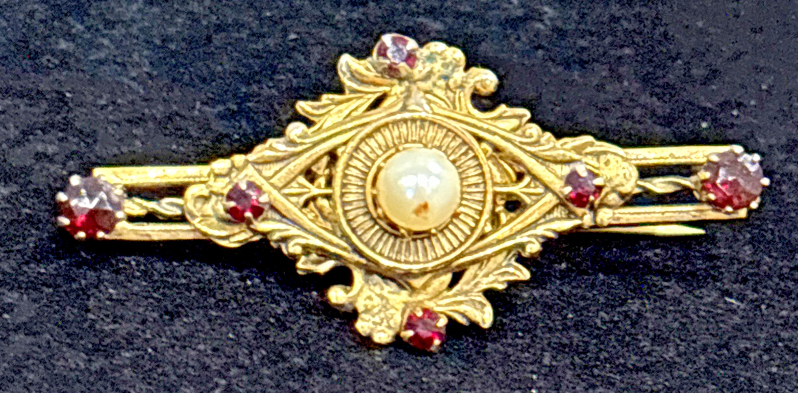 Original By Robert Pin Brooch w/ Faux Pearls Faux Garnet / Ruby Prong Set 2″