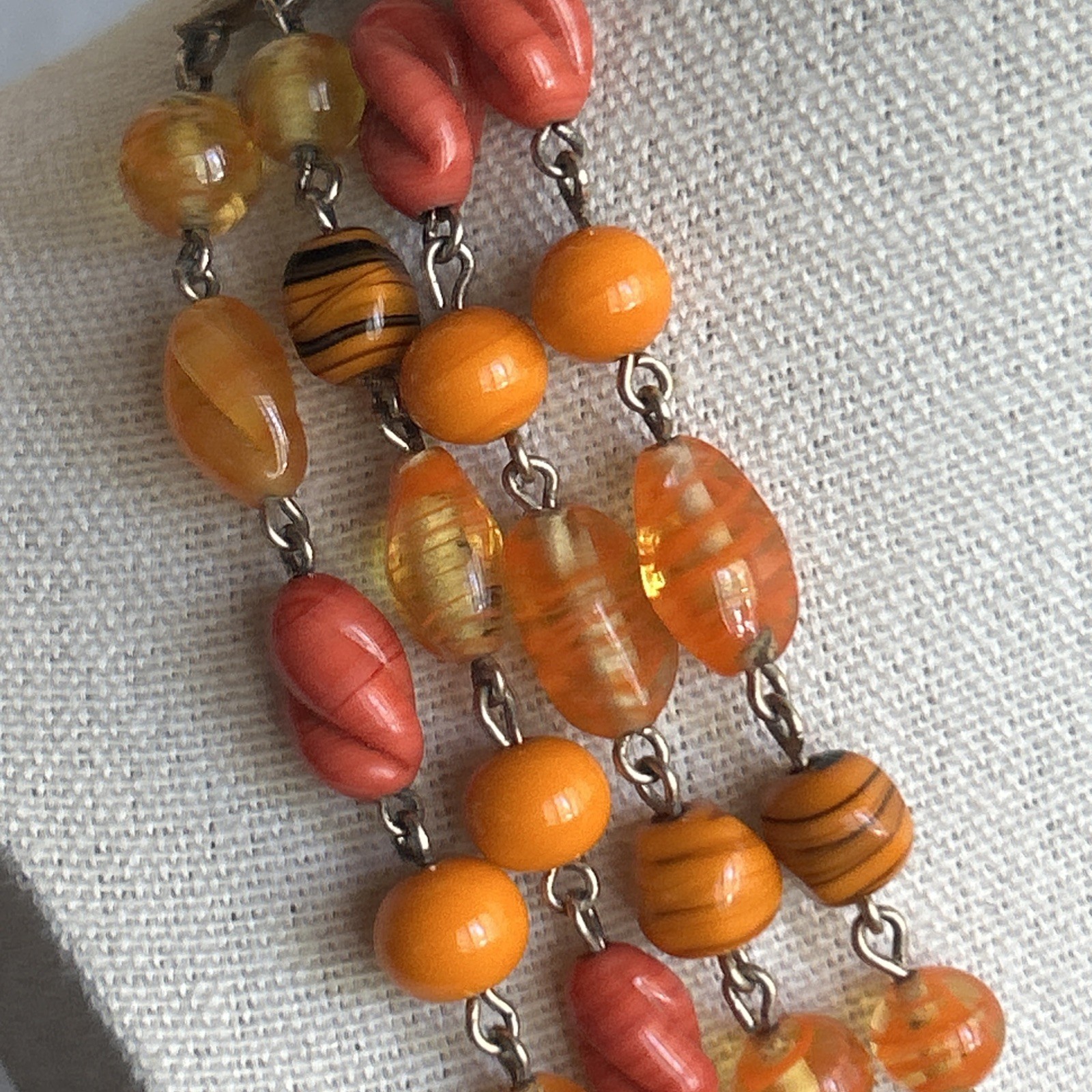 Multi Strand Glass Bead Necklace Orange Yellow Coral Vintage Statement Jewelry