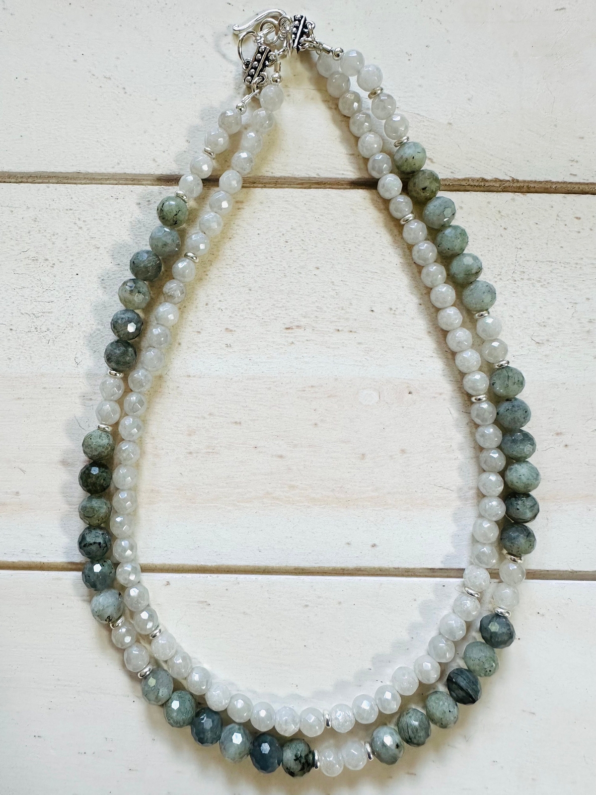 Labradorite Silverite Double Strand Beaded Necklace Non-Tarnish Silver Plated P