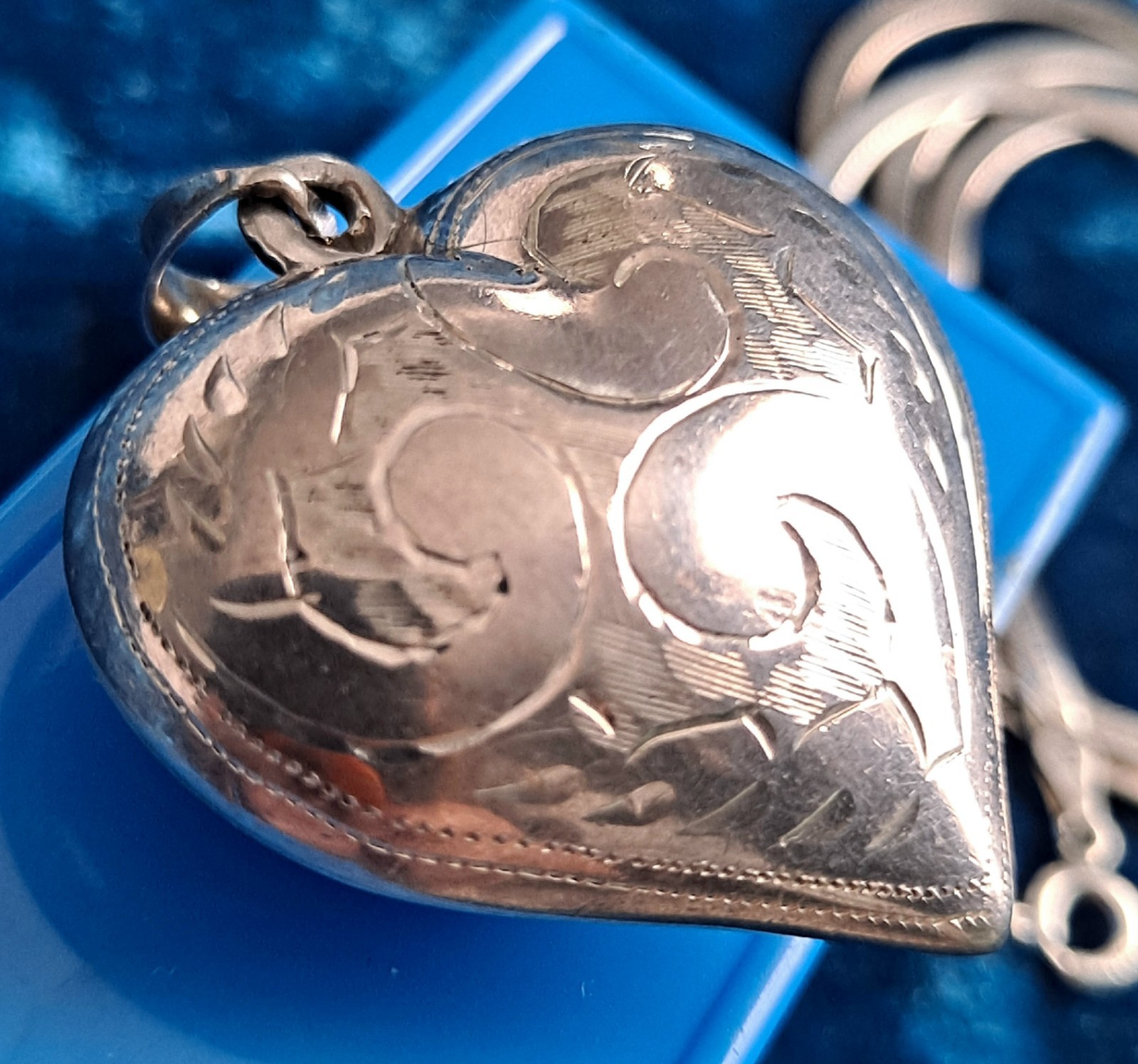 Vintage Puffy Heart Pendant Necklace Etched Design Included SS Chain 925