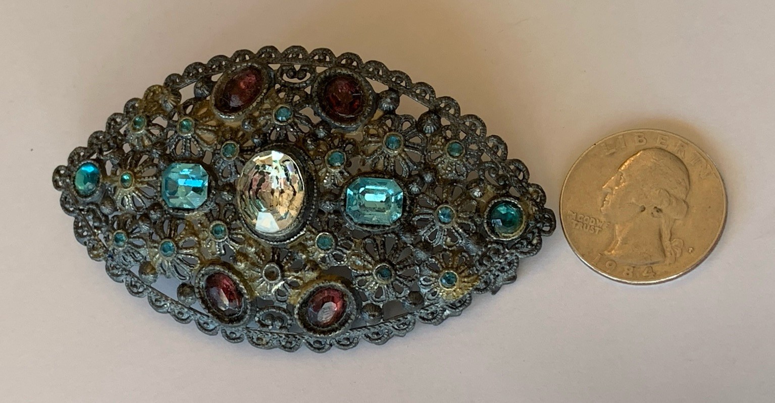 New England Glass Works Antique Brooch Pin Rhinestones Filigree Marked