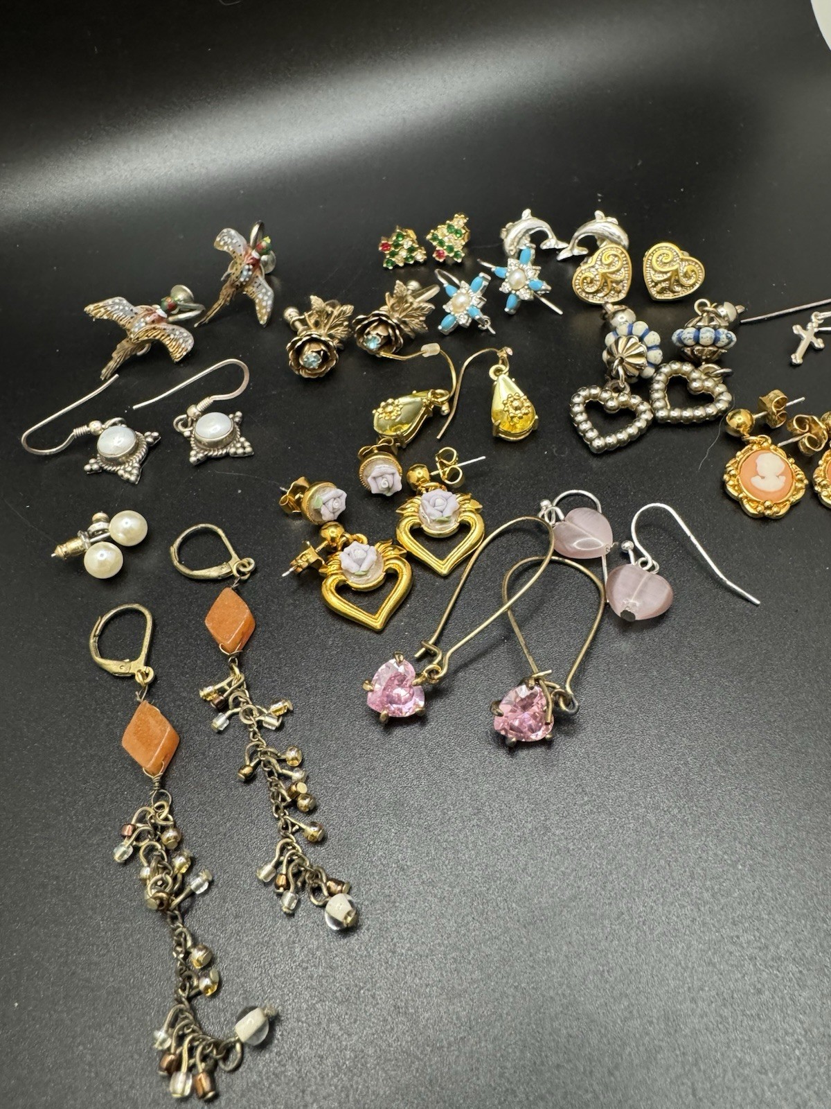 Vintage Earrings Lot 17 Pairs Avon Cameo Heart Dangle Rose Bird Mixed Styles