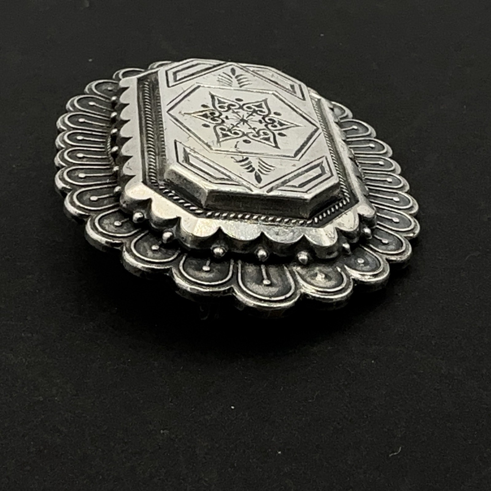 VICTORIAN REVIVAL vintage brooch – layered silver-tone pin – big 2″ x 1.5″ heavy