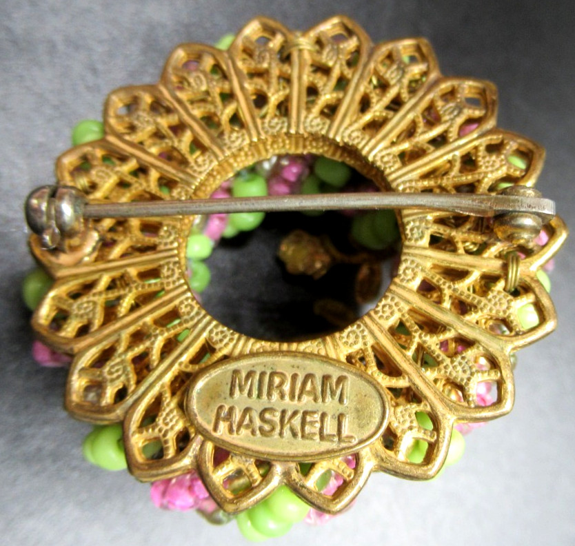 MIRIAM HASKELL Pink & Green Glass Bead Vintage Pin Brooch