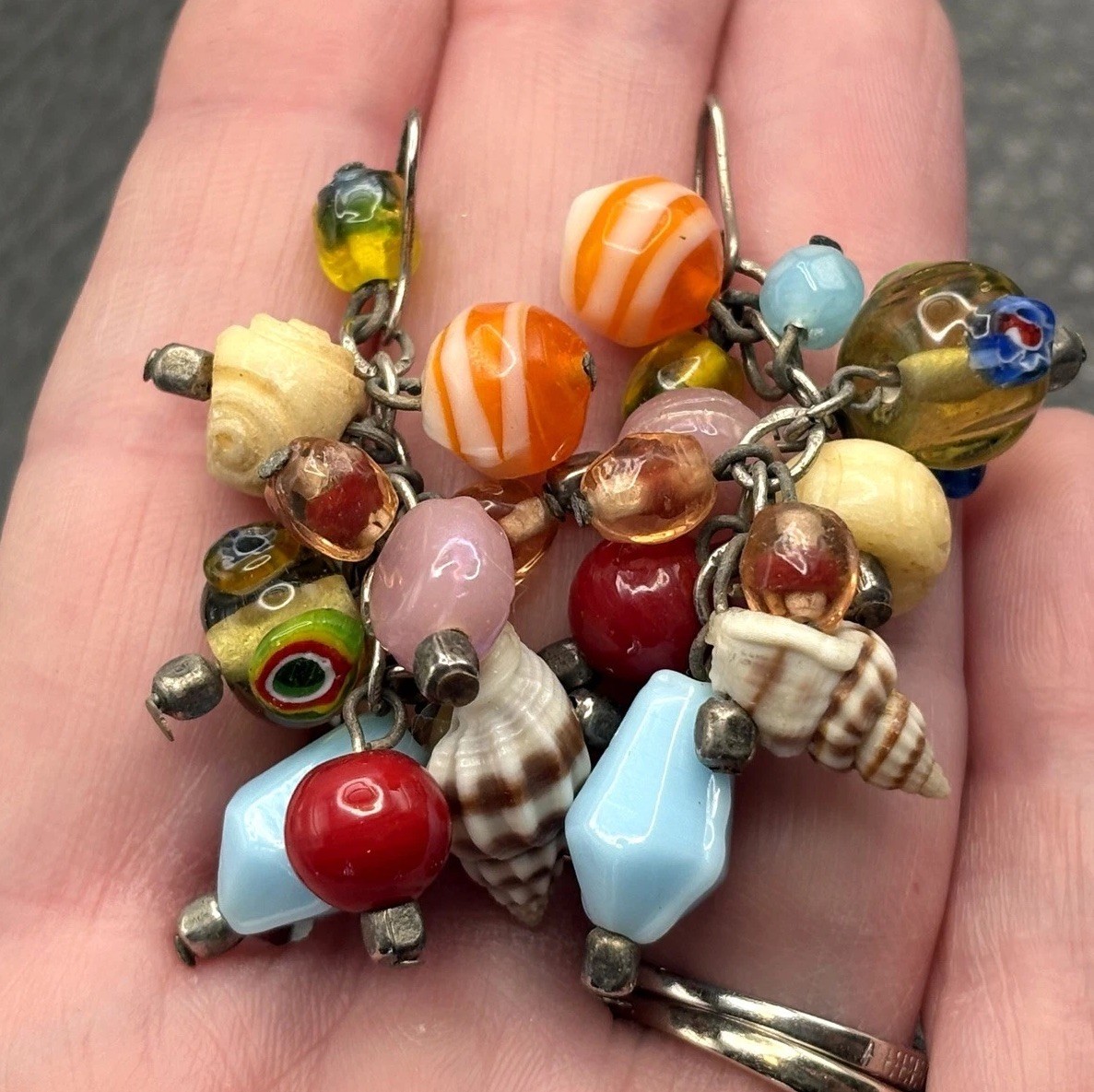 Vintage Multicolor Italian Art Glass Bead Charm Dangle Drop Earrings Shell