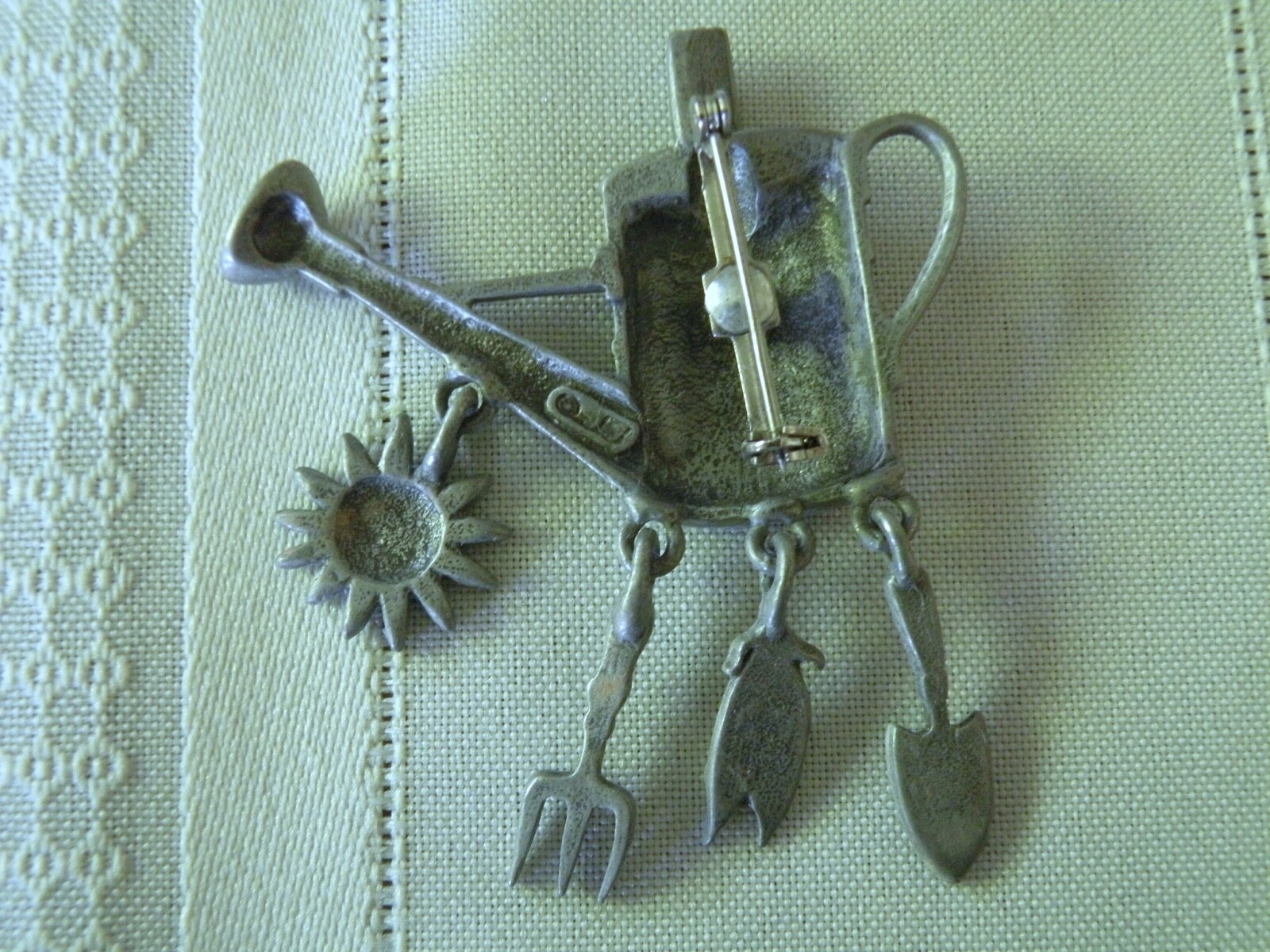 Vtg. JJ Jonette Silver Tone Garden Theme Tools, Watering Can, Flower, Dangle Pin