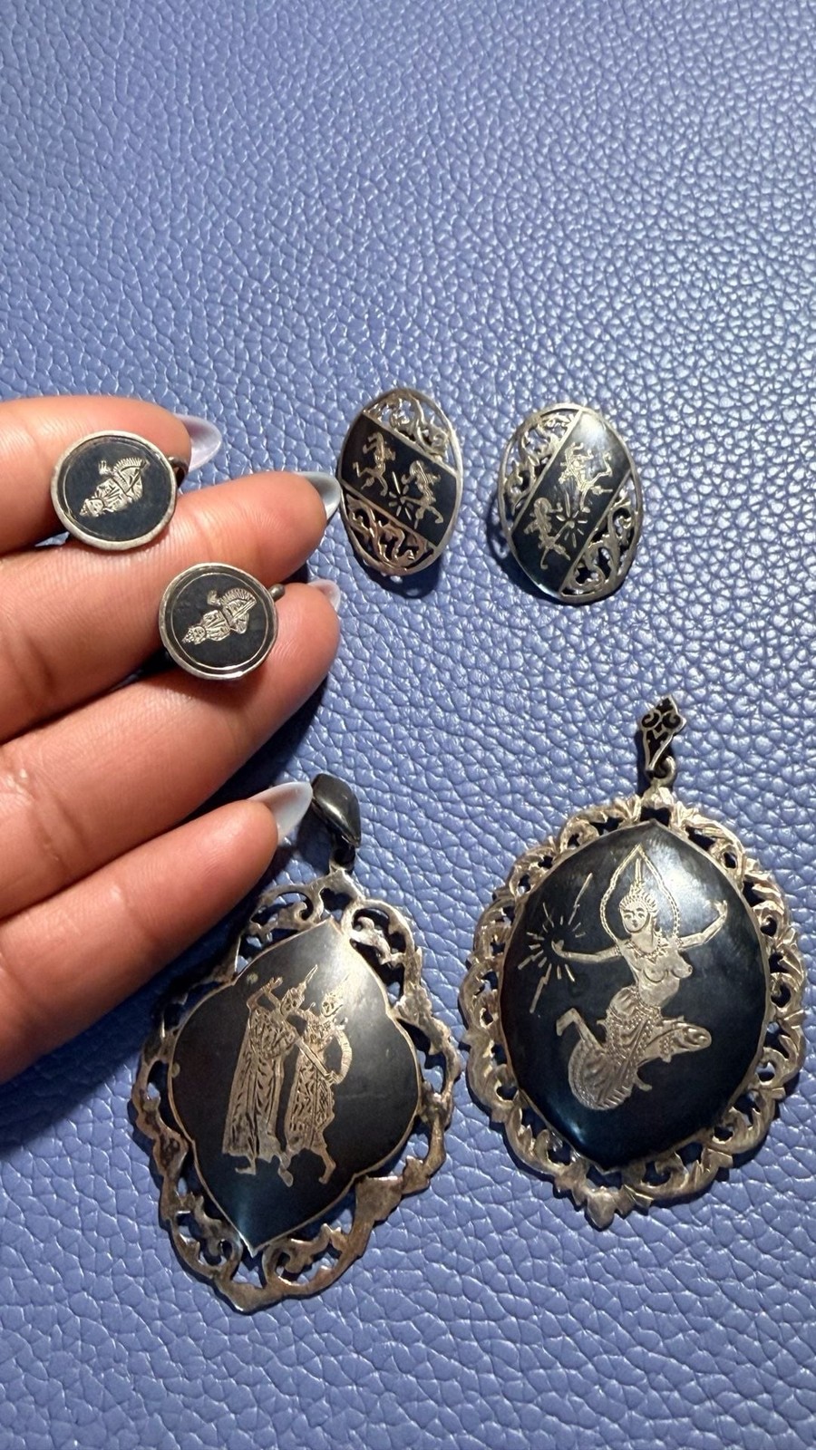 Vintage Siam Sterling Silver Niello Jewelry Set w/ Goddess Mekhala Pendants & Ea