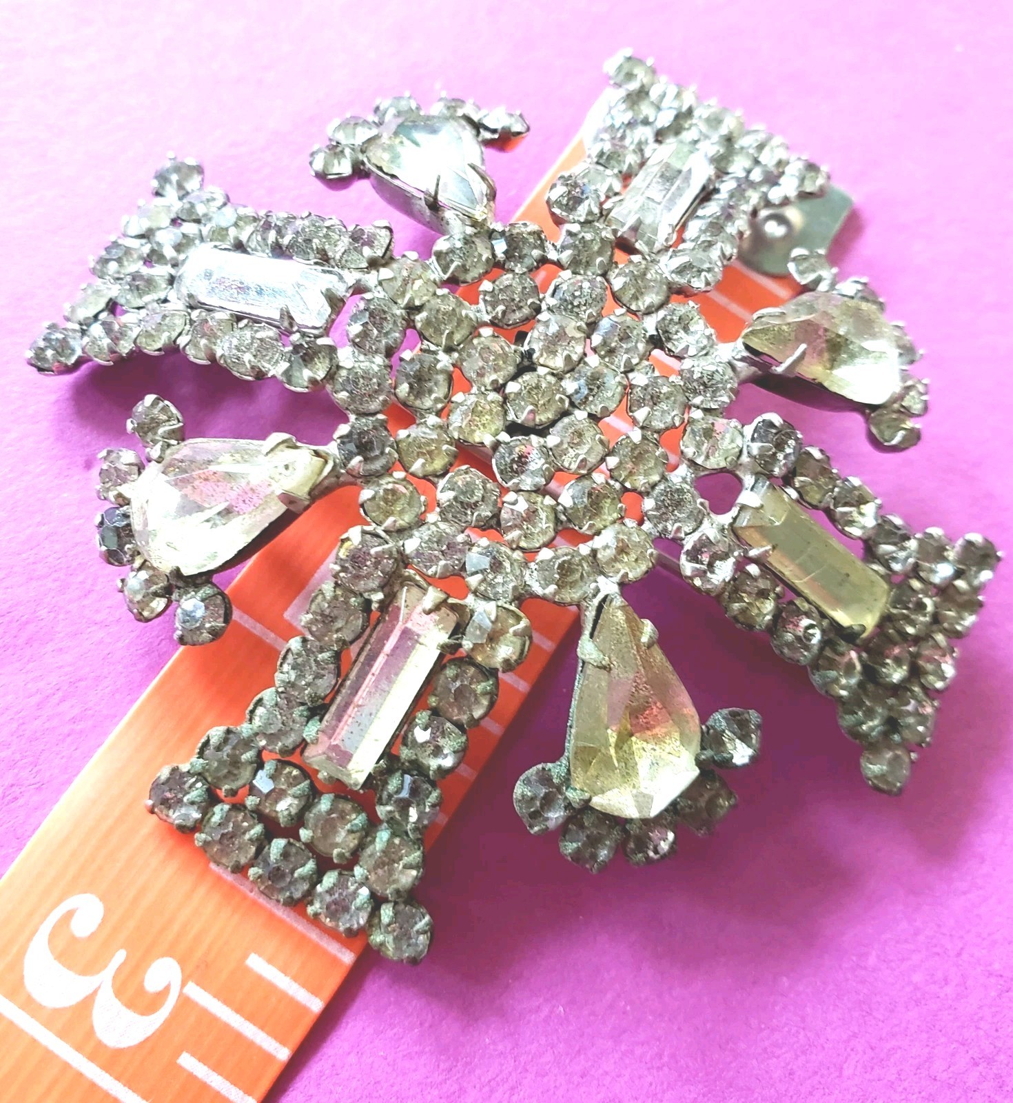 VTG GARNE New York Maltese Cross Prong Set Clear Rhinestone 2.5″ Pot Metal FAB**