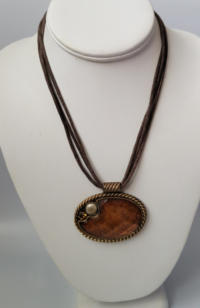 VTG Y2K 2000s Brown/Orange Cord Boho Hippie Adjustable Oval Pendant Necklace