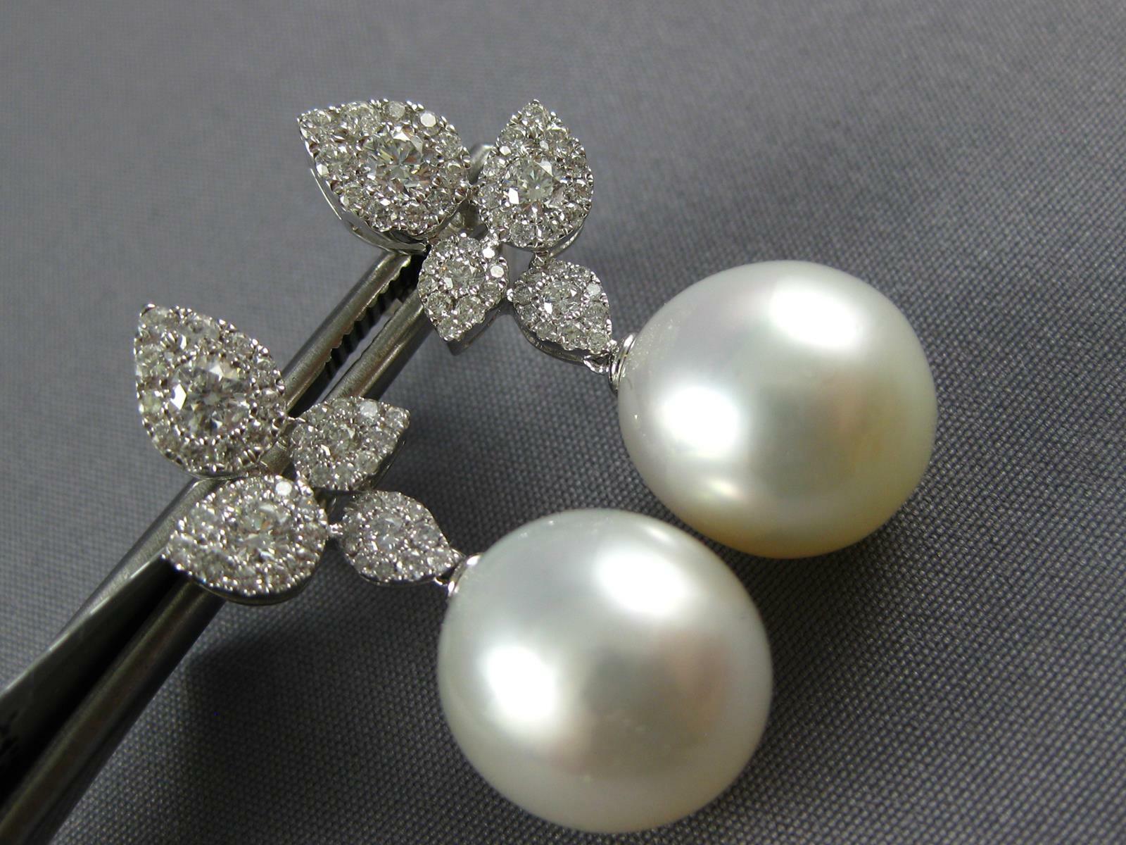 1.52CT DIAMOND & AAA SOUTH SEA PEARL 18KT WHITE GOLD MULTI LEAF HANGING EARRINGS