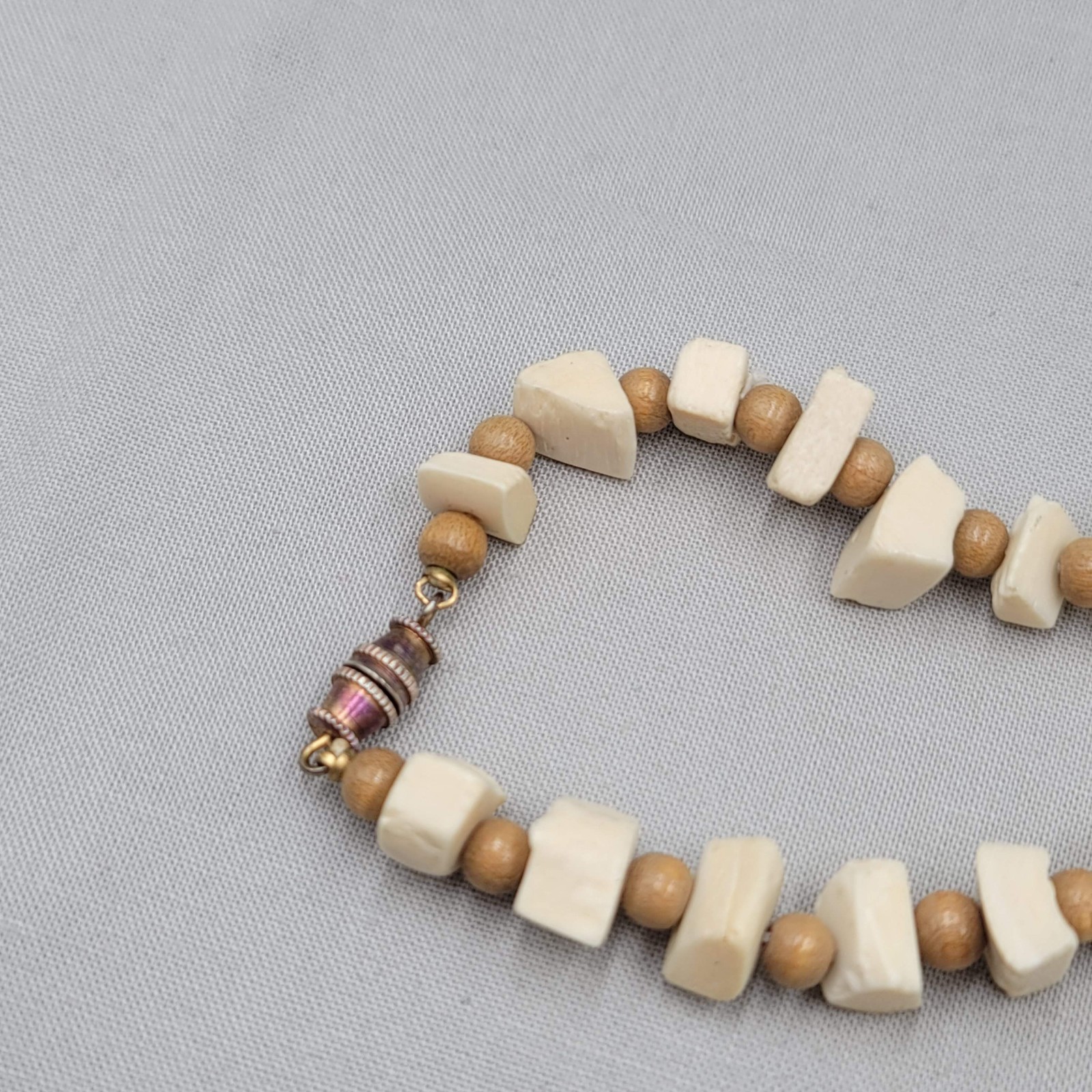 Vintage Bead Necklace Wood Ceramic Cow Bone Long 32″