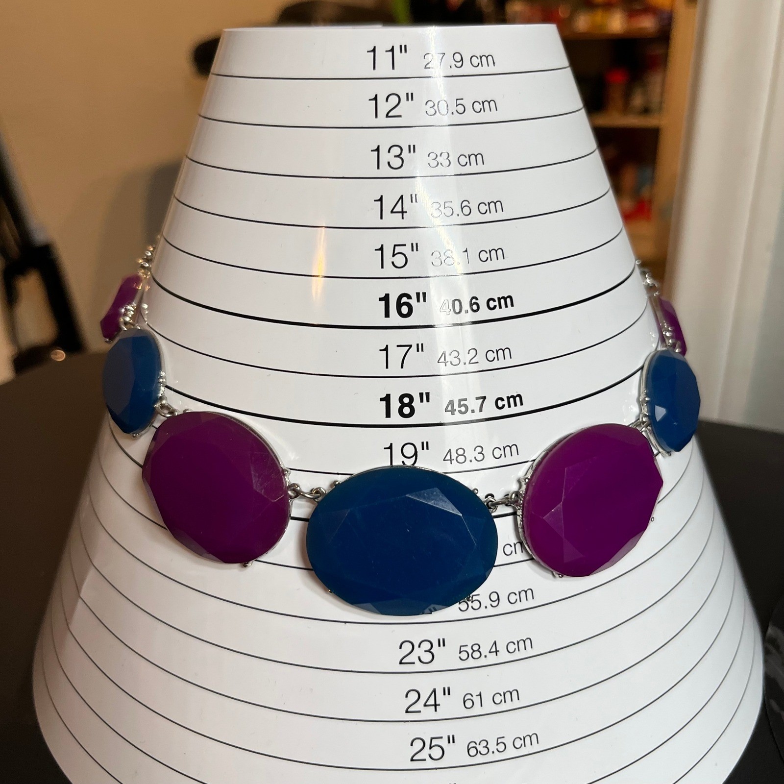 Vintage Deep Purple Navy Blue Faceted Acrylic Statement Necklace Silver Tone Bib