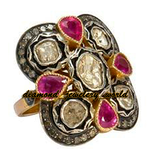1.92ct Rose Antique Cut Diamond Ruby Studded Silver Vintage Amazing Ring Jewelry