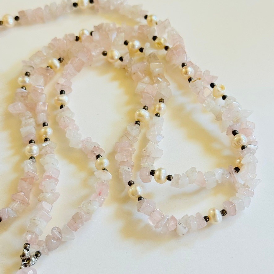 VTG Rose Quartz pink Beaded Necklace natural genuine stone pearl beads rare 40″