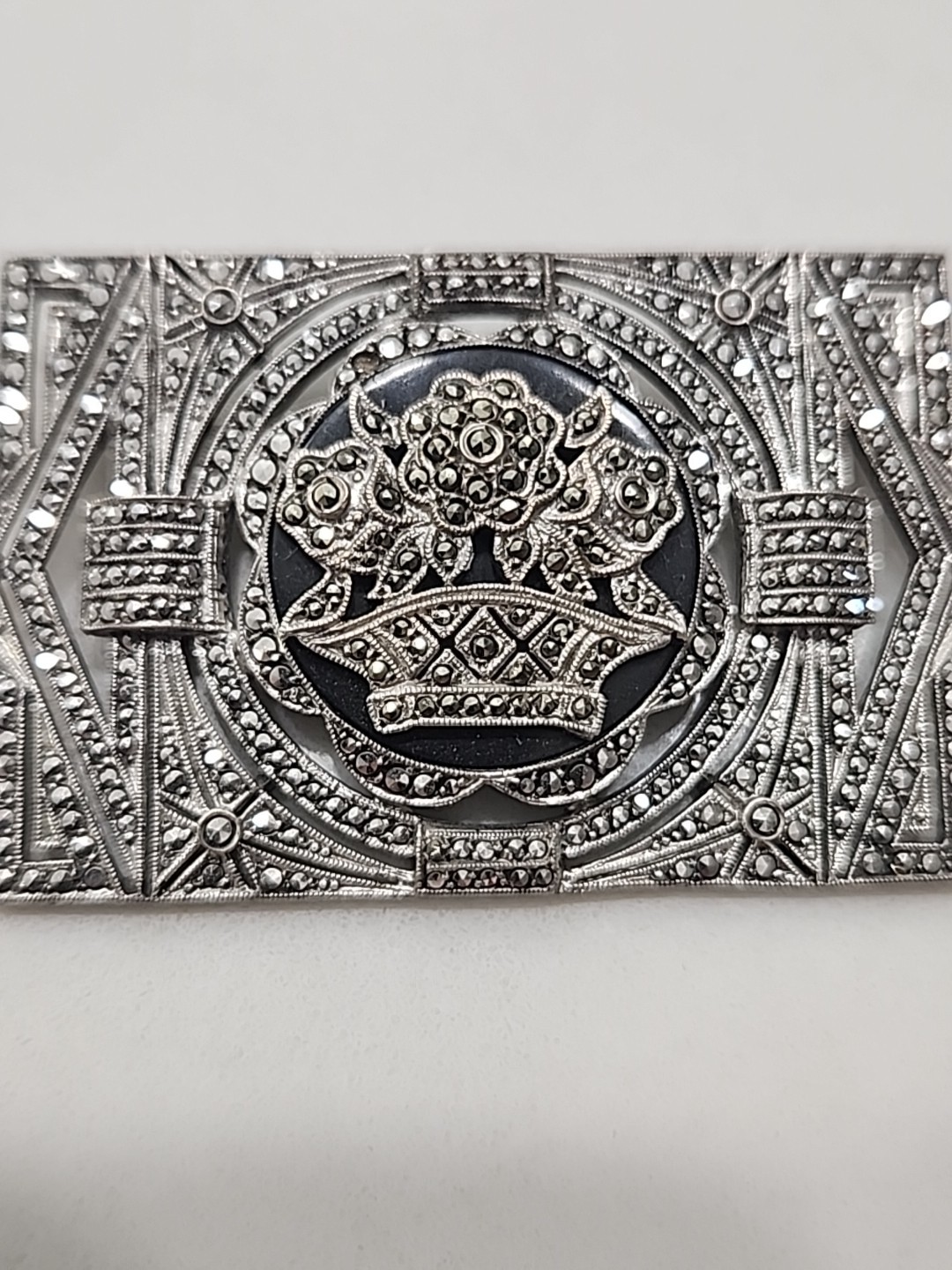 Sterling Silver Black Onyx & Marcasite Art-Deco Pin Brooch 21.4g 2 1/8 X 1 1/4″