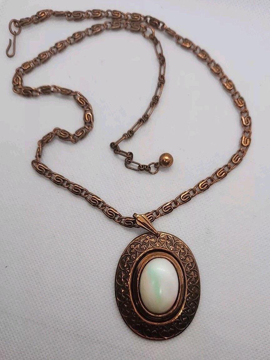 Vintage Genuine Copper 22″ Paper Link Chain Necklace Stone Resin Pendant 44G
