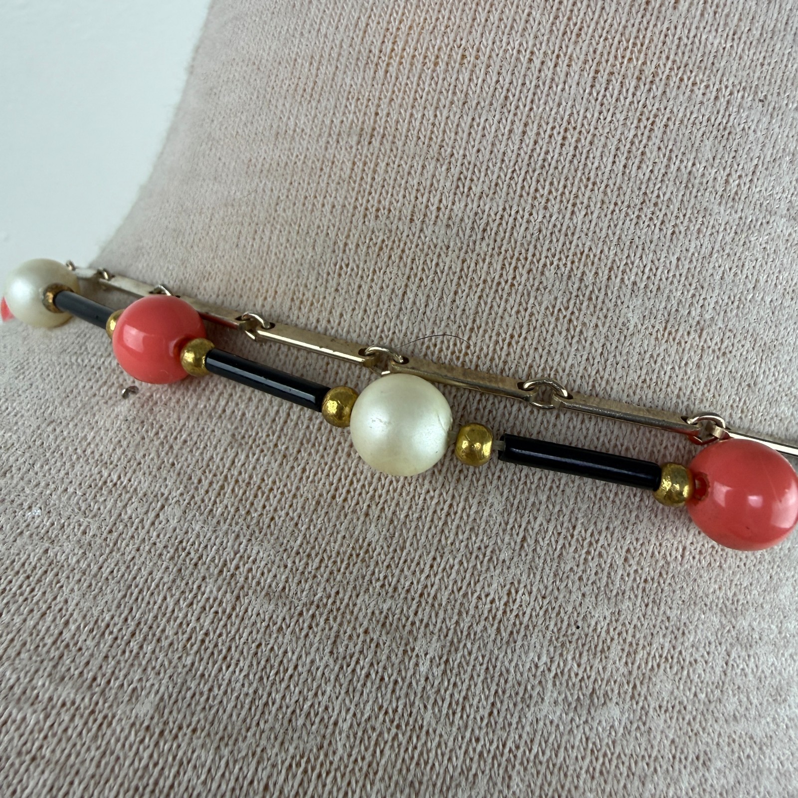 Vintage Two Strand Pink, Faux Pearl, Black Gold Tone Chain Necklace 22.5″