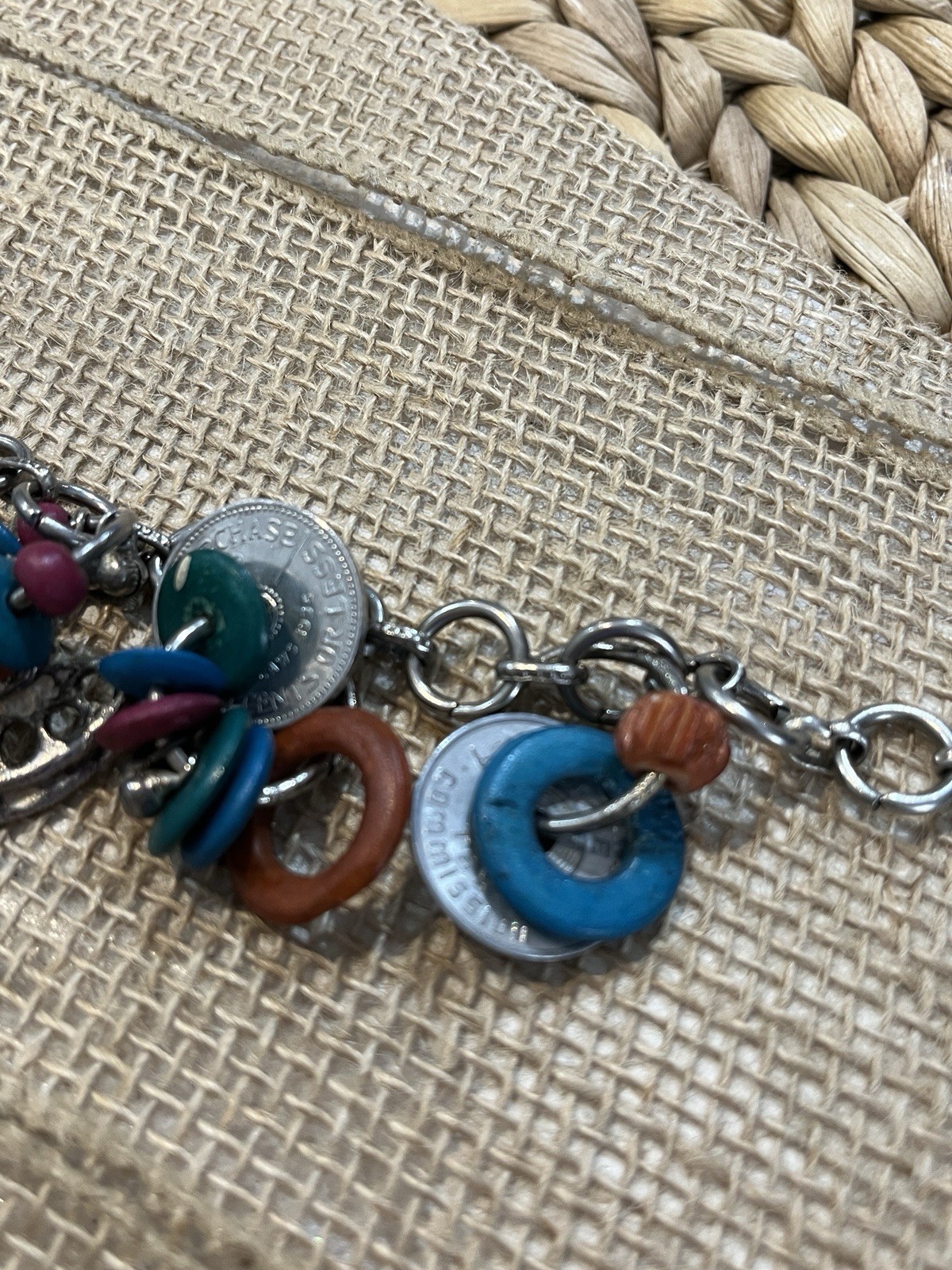 Vintage Artisan Crafted Coin Charm Bracelet Mixed Materials Estate Jewelry Boho