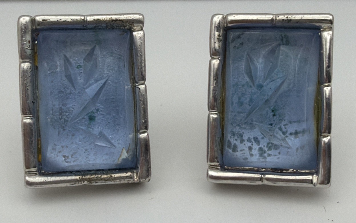 Vintage Givenchy Blue Crystal Intaglio Earrings Signed Designer Silver Tone
