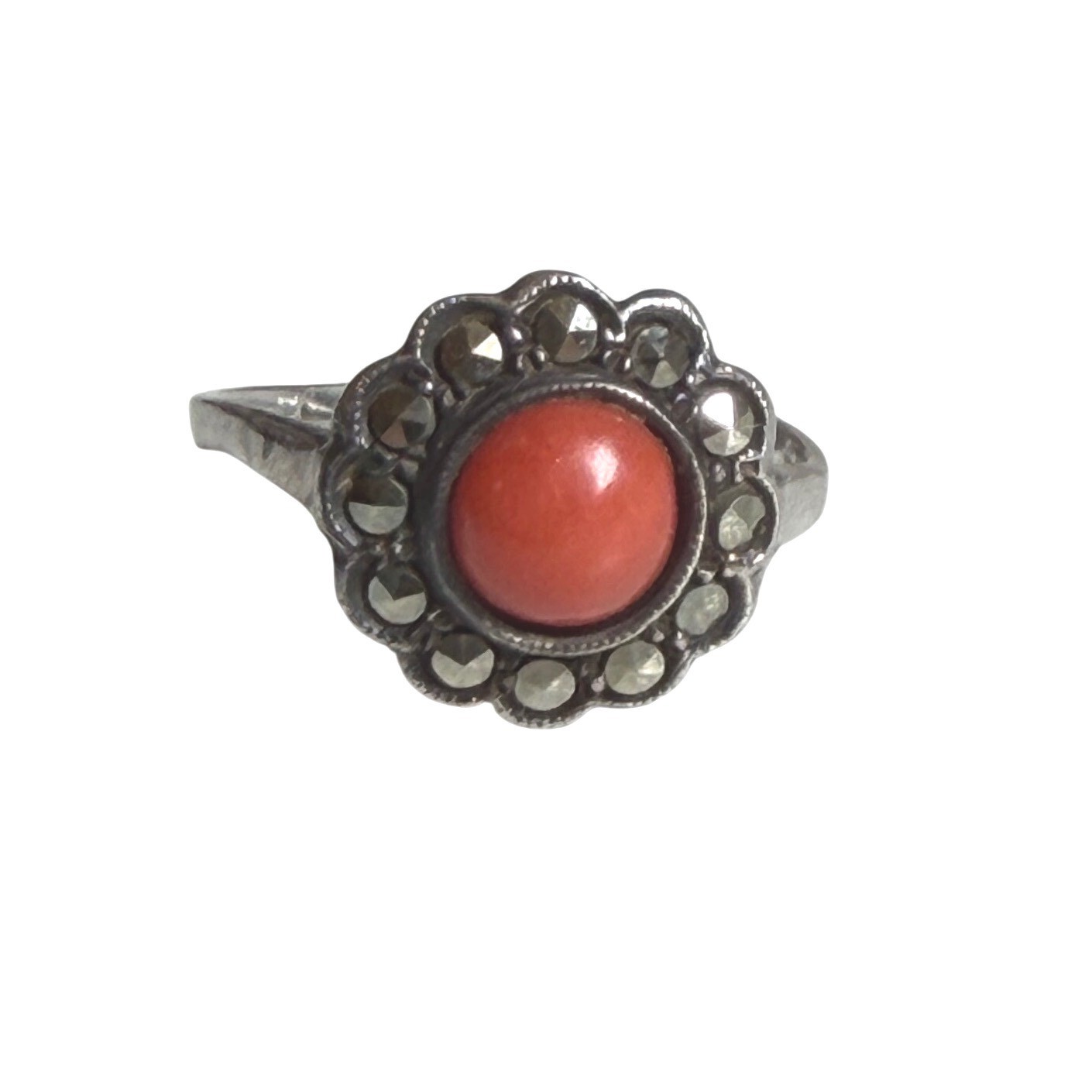 Vintage 835 Silver Red Coral Marcasite Scalloped Halo Ring SZ 4.75 Antique Style