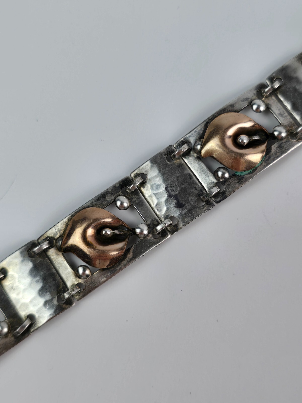 Vintage Sterling Silver & Gold Filled Flower Bud Square Link Bracelet 6.75″