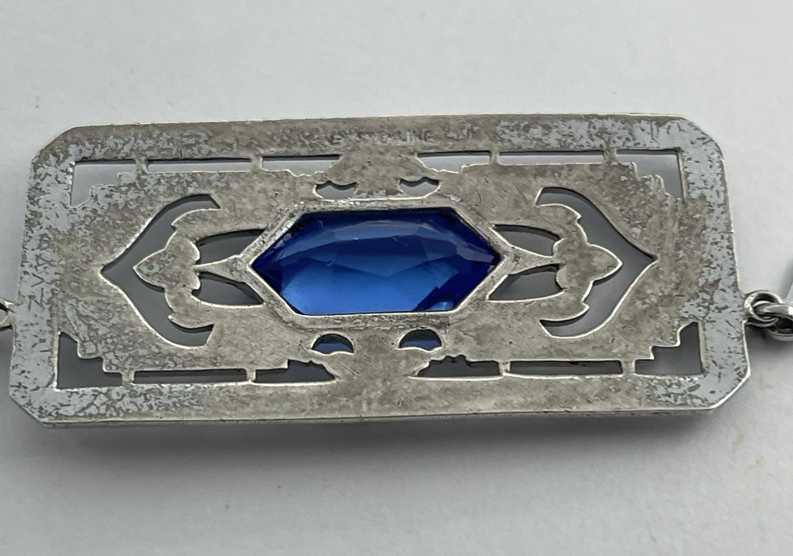 Antique Art Deco Blue Lozenge Shape Plaque Rhodium Plated Sterling Necklace