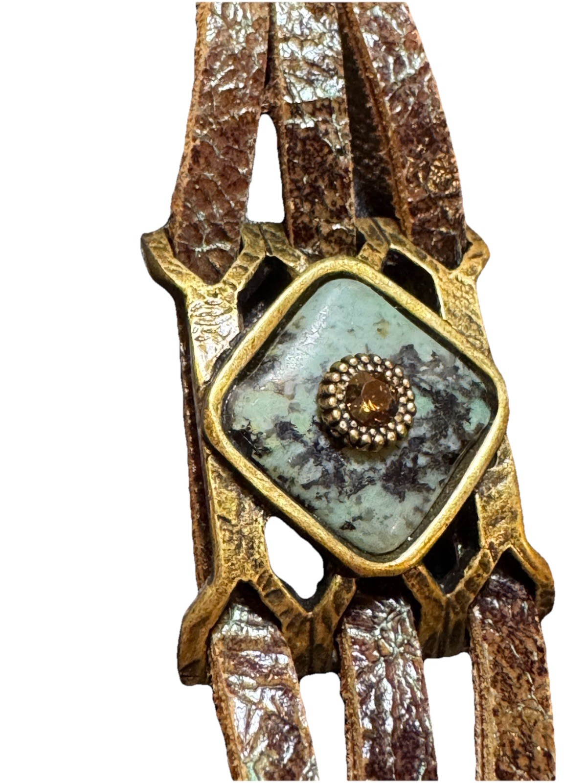 Bracelet LeatherRock Textured Band Turquoise Stone Rhinestone Brass Accents M&W.