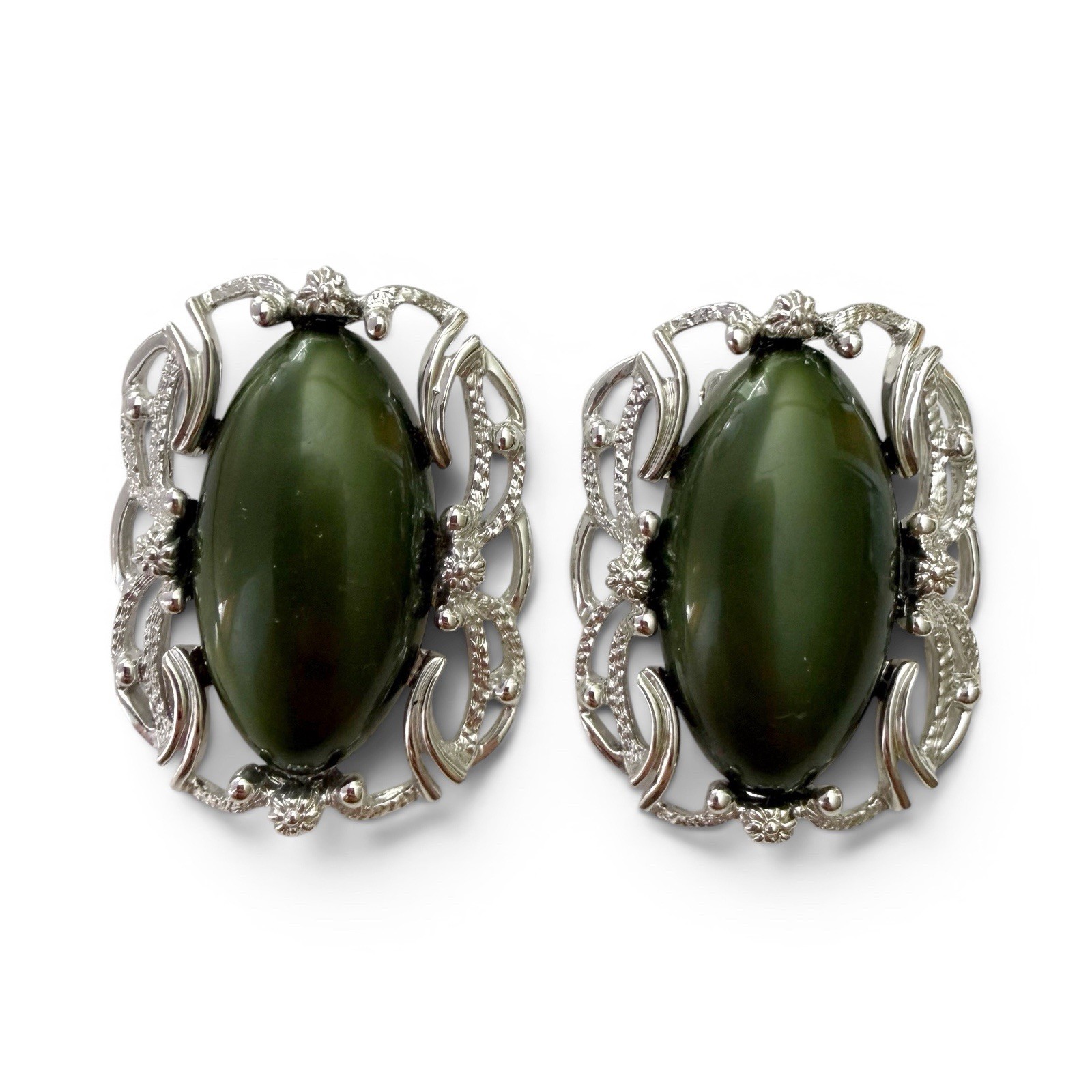 Vintage Sarah Coventry Carousel Dark Green Lucite Ornate Scroll Clip On Earrings