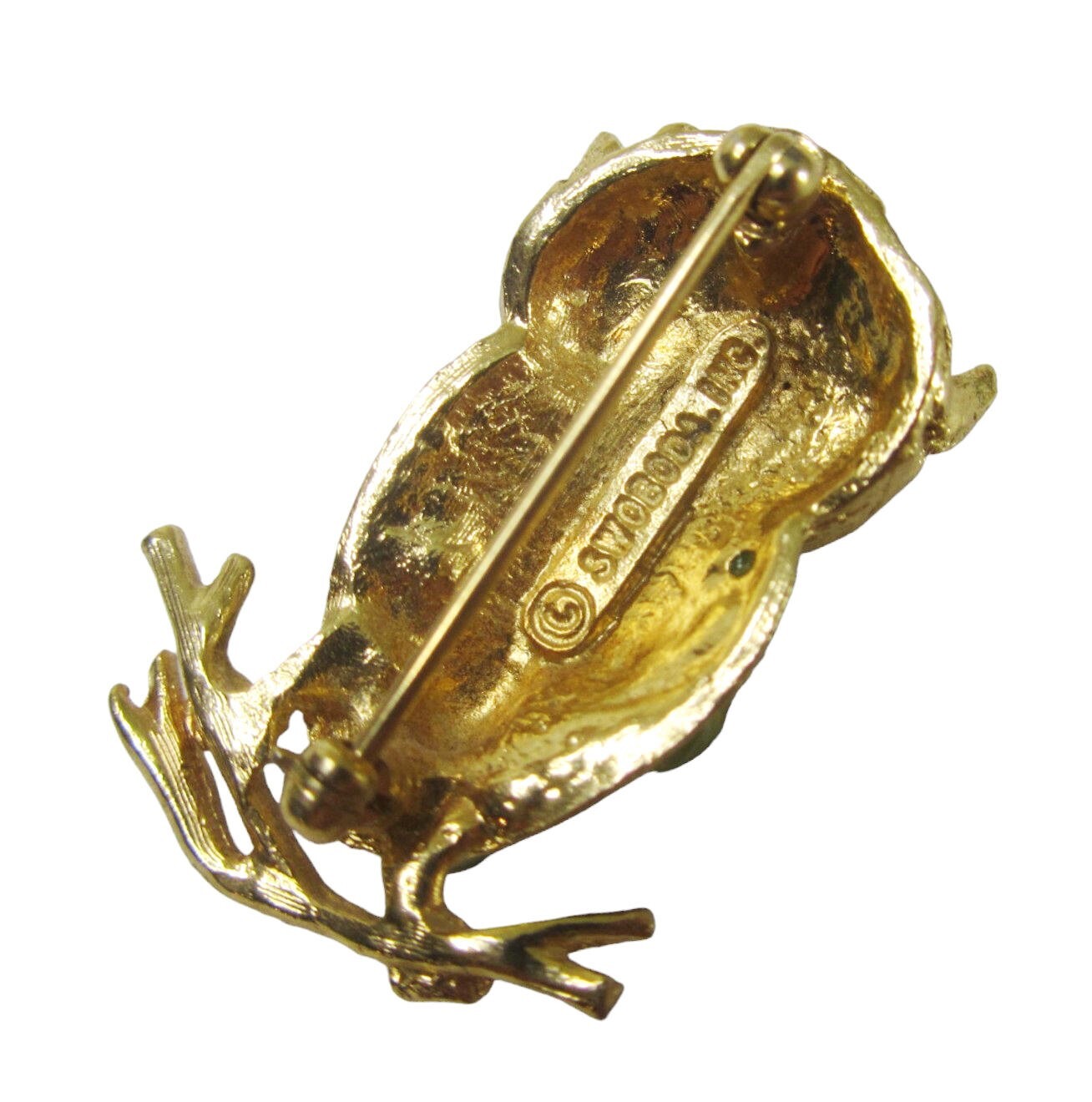 Gold Green Peridot Swoboda Owl Brooch Gold Red Garnet Eyes Signed Bird Pin vtg