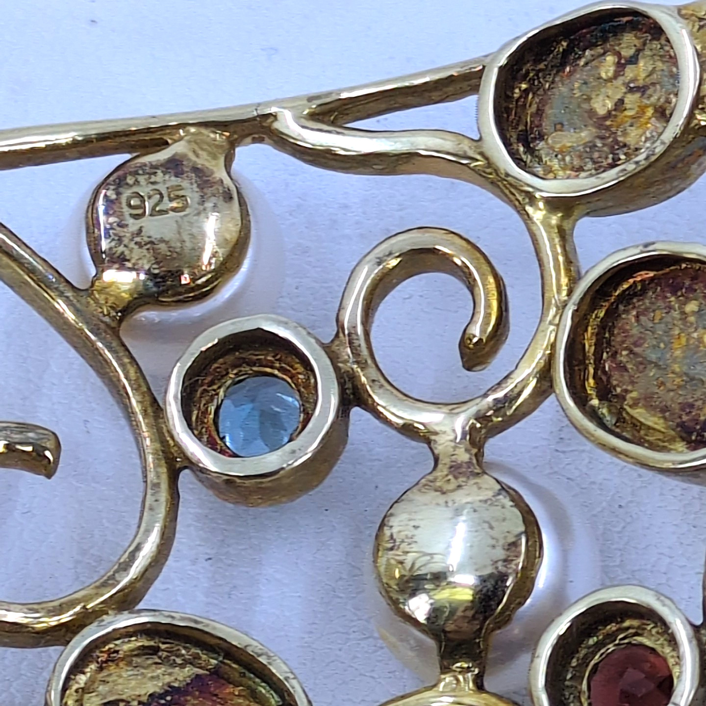 Gold Wash 925 Sterling Silver Multi-Gemstone & Mabe Pearl Filigree Cuff Bracelet