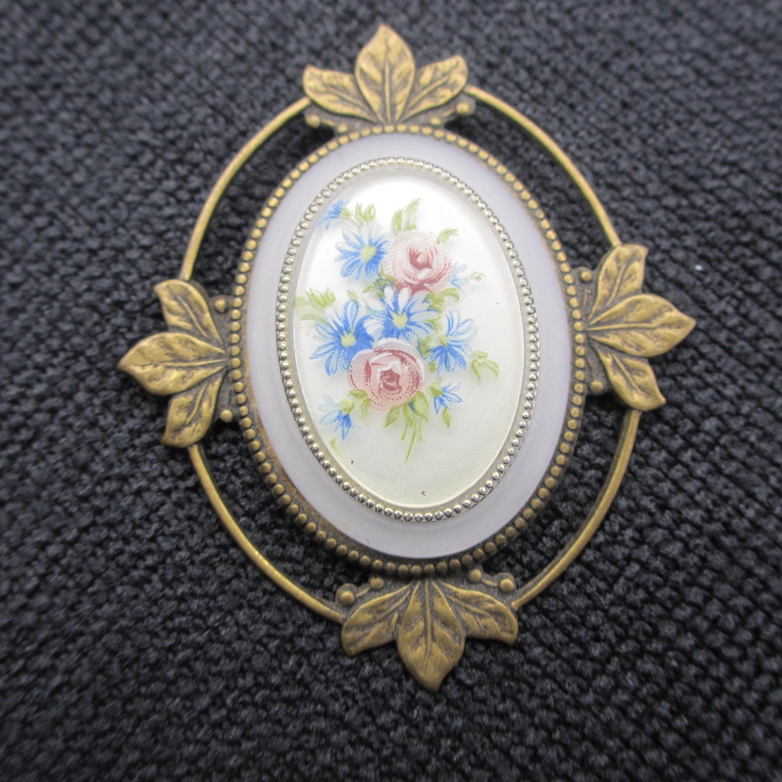 Vintage Victorian Revival Brooch Floral Bouquet Pastel Leaf Frame Gold Tone