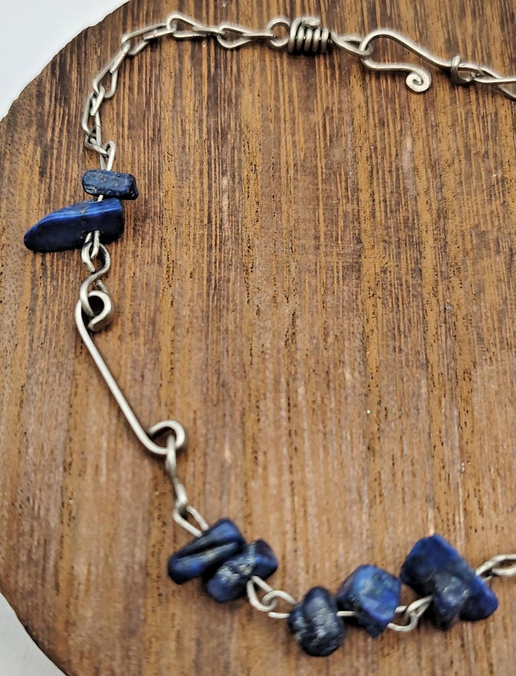 Vintage Iolite Lapis Lazuli Gemstone Beads Artisan Chain Bracelet Hook Clasp 8″