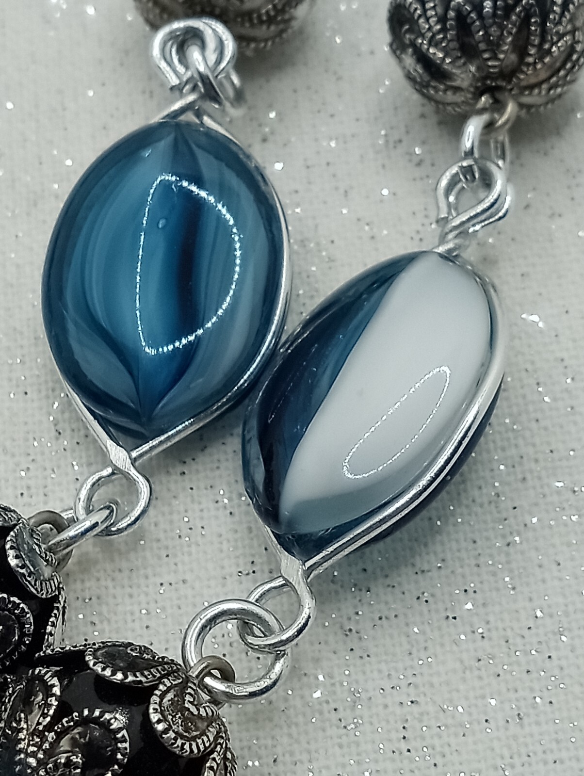 VTG West Germany Blue Necklace Double Strand Swirl Glass Silver Tone 17 -18″