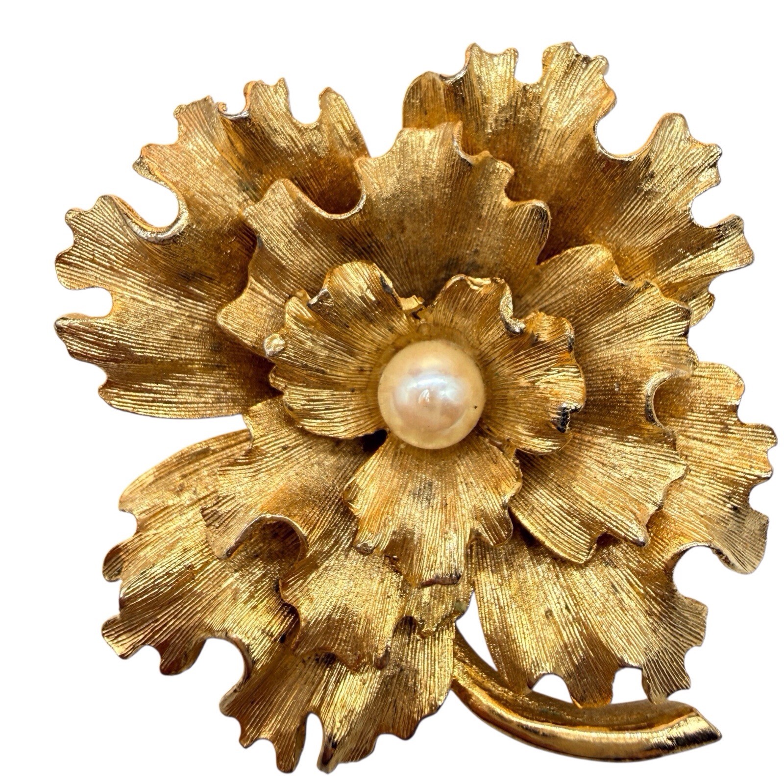Vintage Faux Pearl Flower Brooch Carnation Brushed Gold Tone Shiny Stem Pin B6
