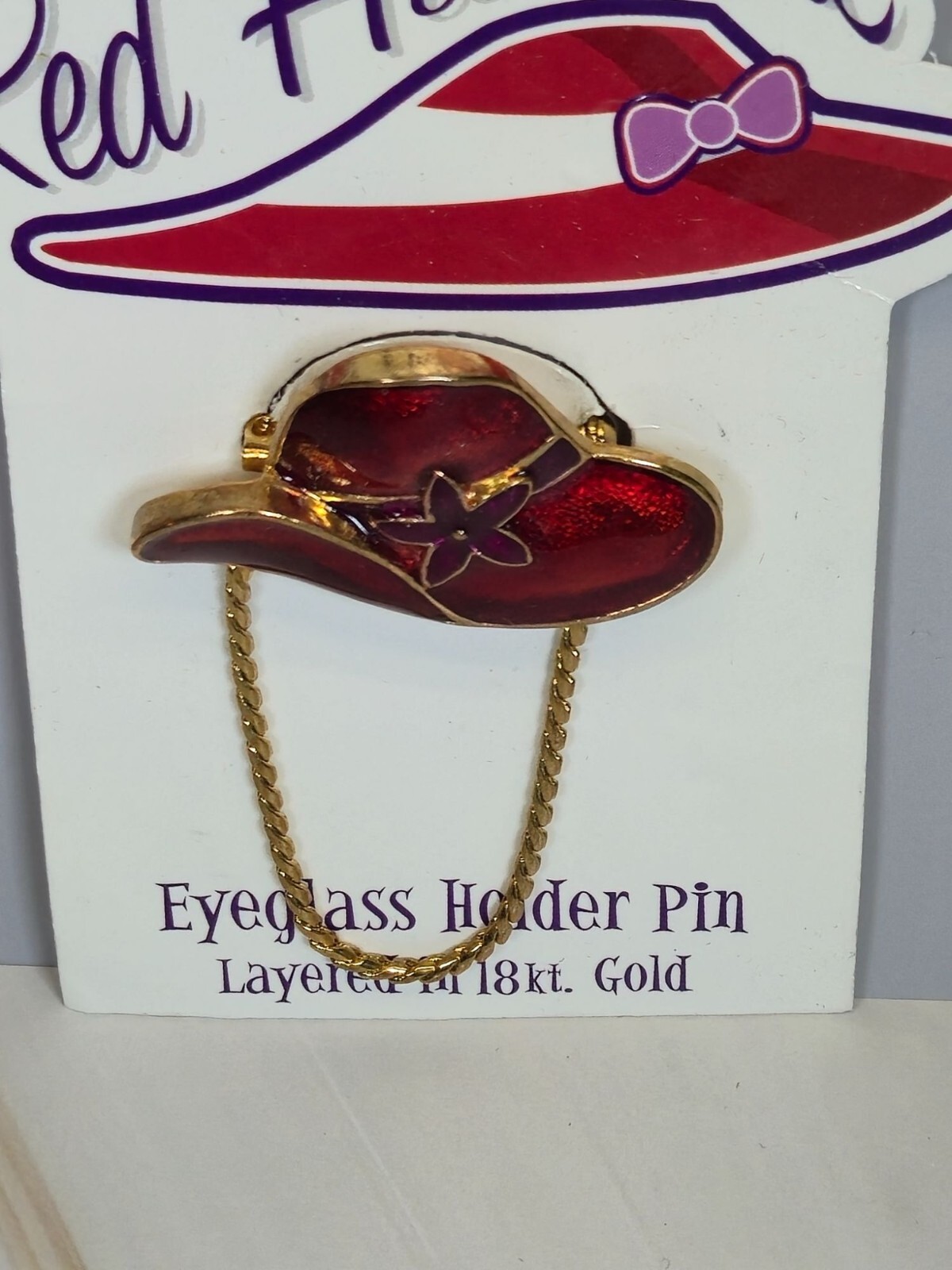 NEW 18K Gold Red Hattitude hat Society Eyeglass Holder Pin Brooch Vintage NOS