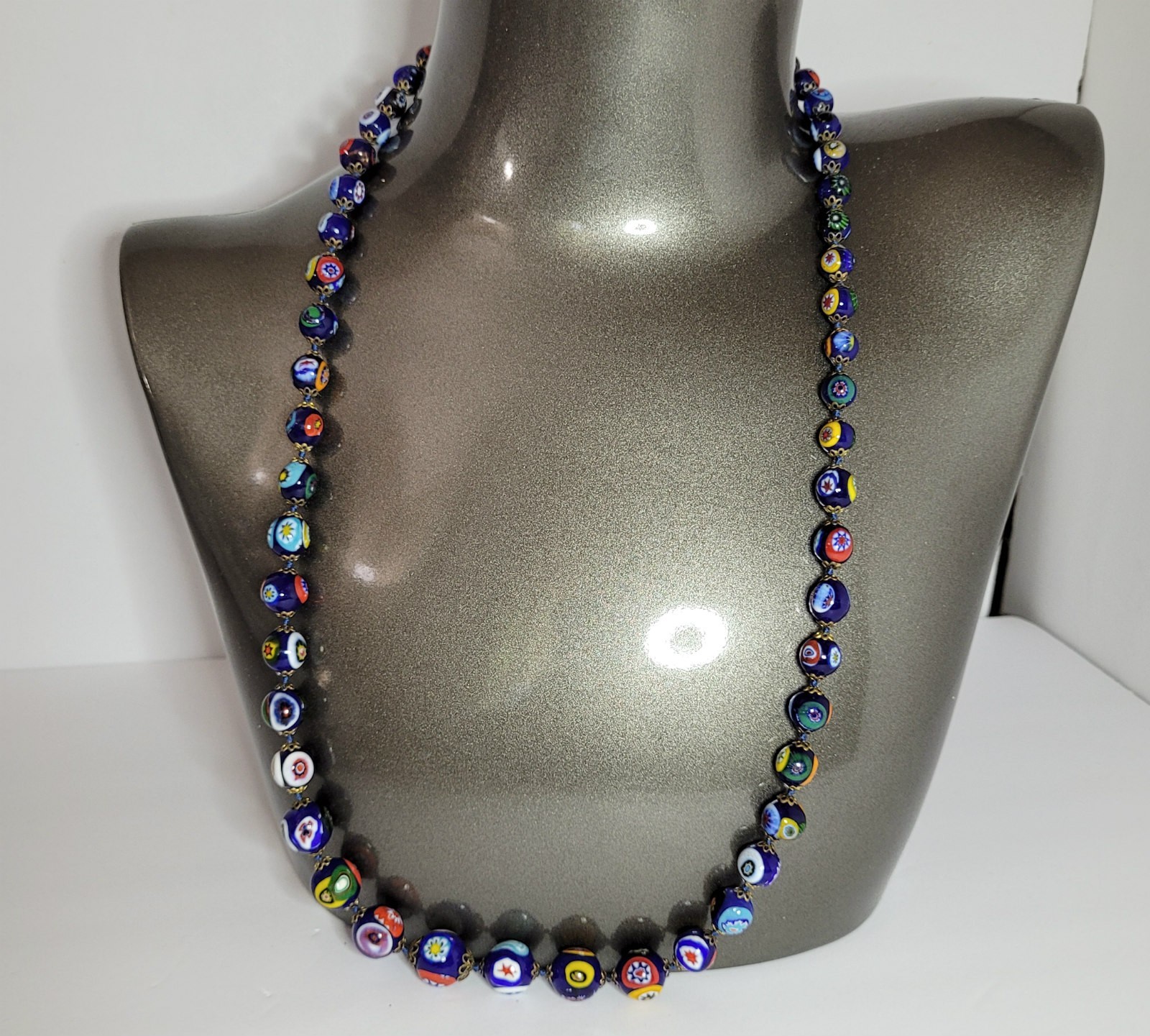 Ventian Murano Millefiori Glass Beads Necklace Italy graduated 29 1/2 inch lot C