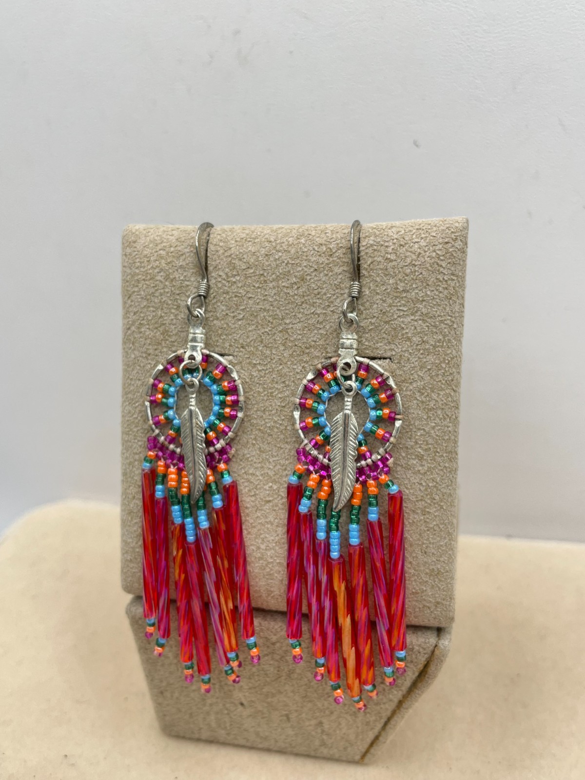 VTG Seed Bead Native dream catcher fringe dangle hook earrings Boho Western 3″