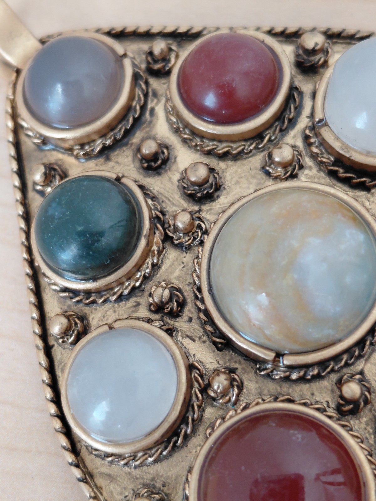 Vintage Glass Pendant _Agate Natural Stone Large – 4 In Length-Gold Tone
