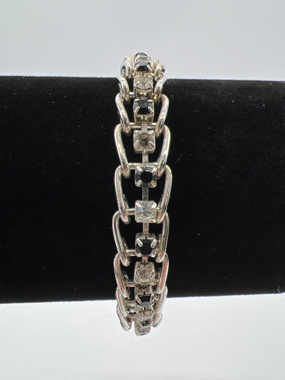 Vintage Silver-Tone Bracelet With Clear & Black Rhinestones 7 Inches Chain Link