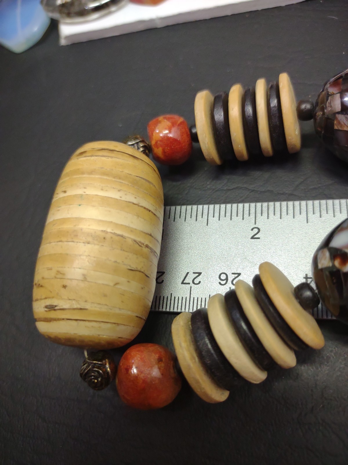 Vgt NEEDS REPAIR Boho Chunky Wooden Inlaid Abalone Shell Mosaic Beaded Necklace