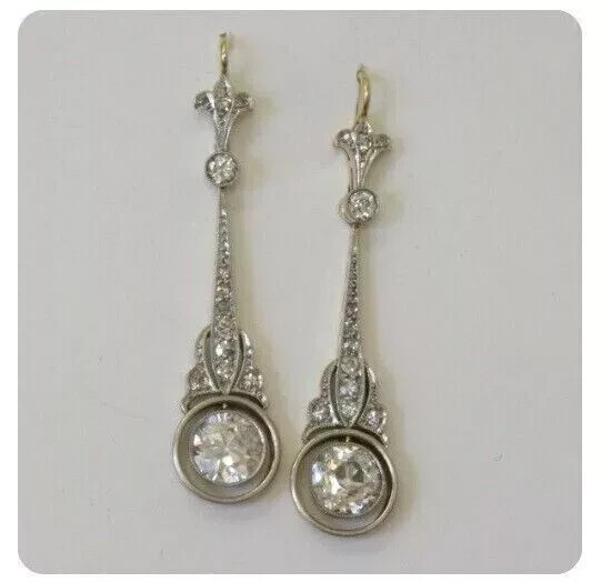 Elegant Art Deco Style Drop Dangle Round Diamond 14K White Gold Earrings