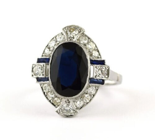 Art Deco Style Oval Lab Created Sapphire Diamond Wedding 14K White Gold FN Ring