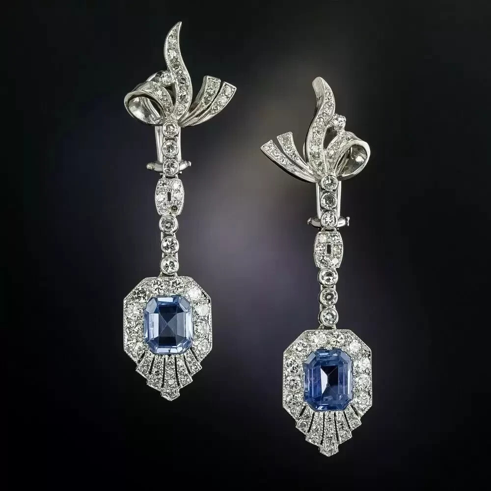Art Deco Style Emerald Sapphire & Lab Created Diamond 14k White Gold FN Earring