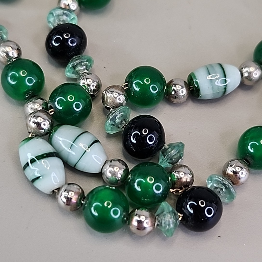 Vintage Glass Necklace Green Striped 24″