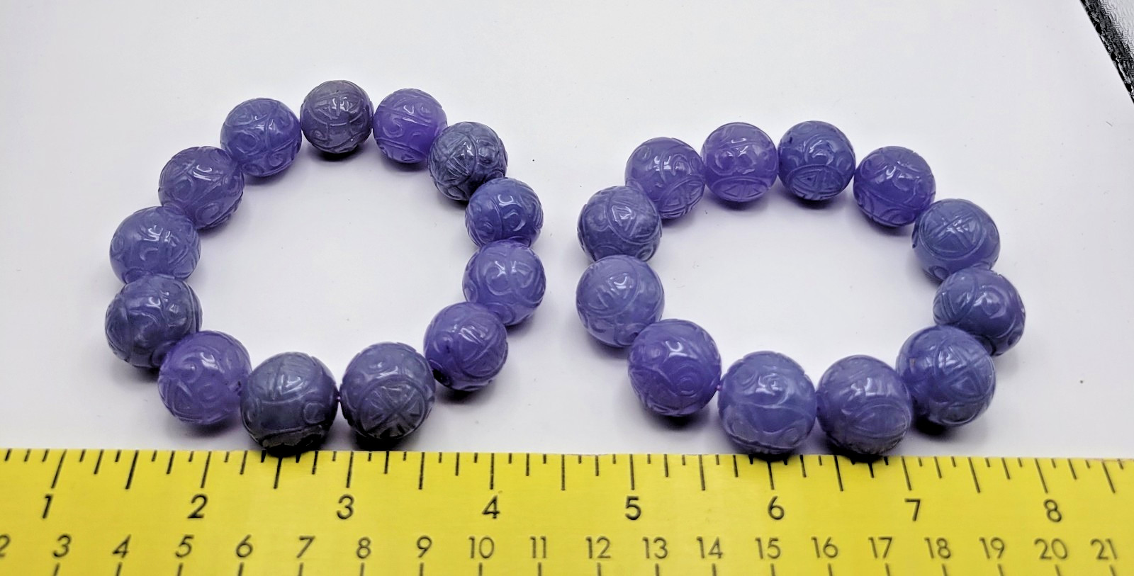 Vintage Estate Pair of Lavender Jade Carved Longevity Bead Bracelets 17.5mm 18mm