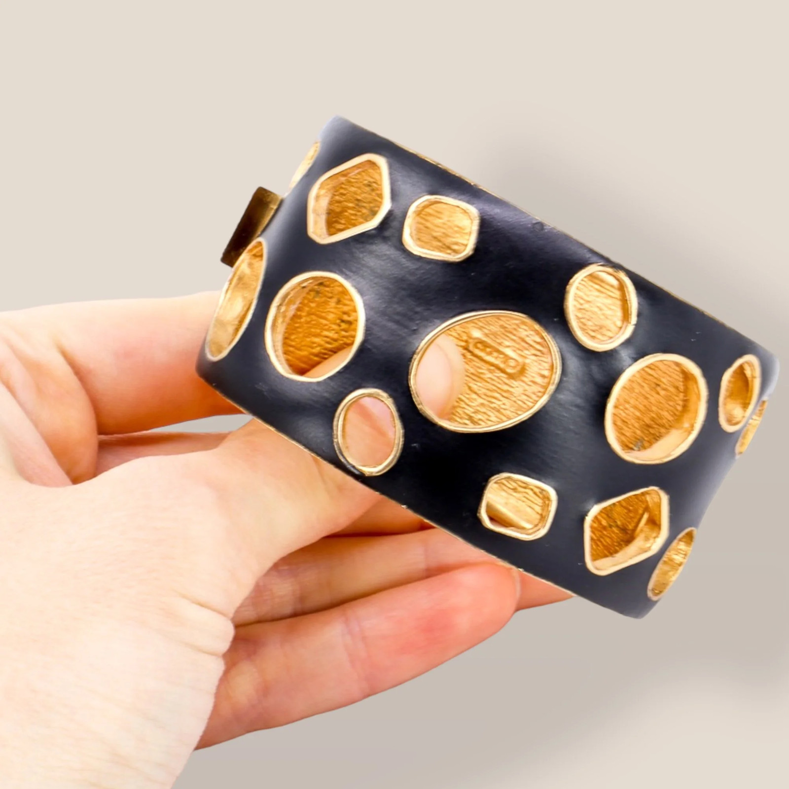 CINER, Signed Vintage, 18k Gold Plated, Jet Enamel Geometric Bracelet