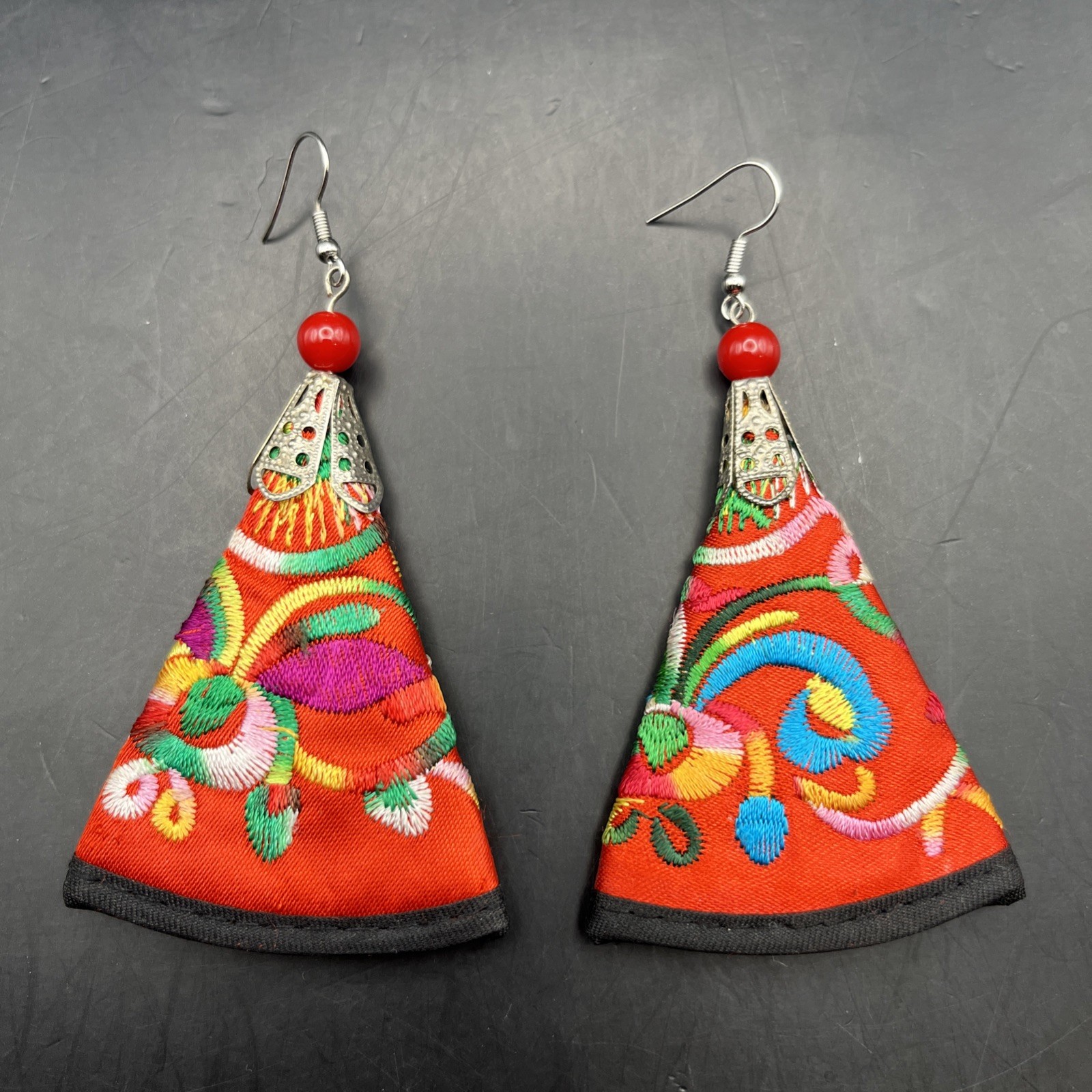 Colorful Embroidered Earrings Drop Dangle Hook Red Vibrant Bright Bold Boho