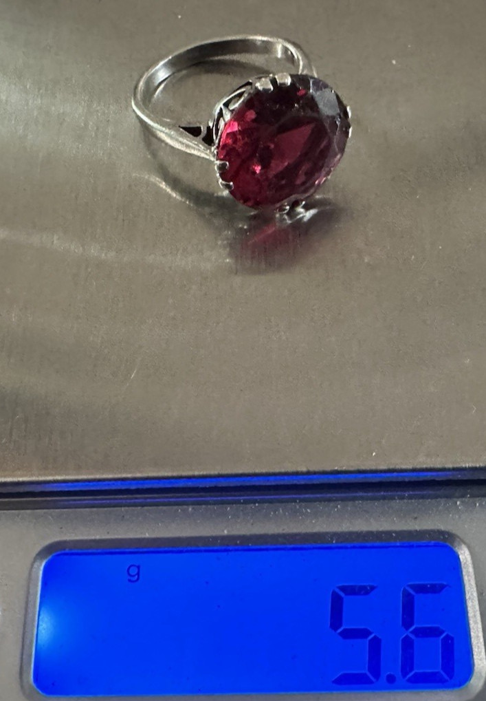 Vintage Sterling Silver Ruby Red Glass Filigree Ring Sz 7.25