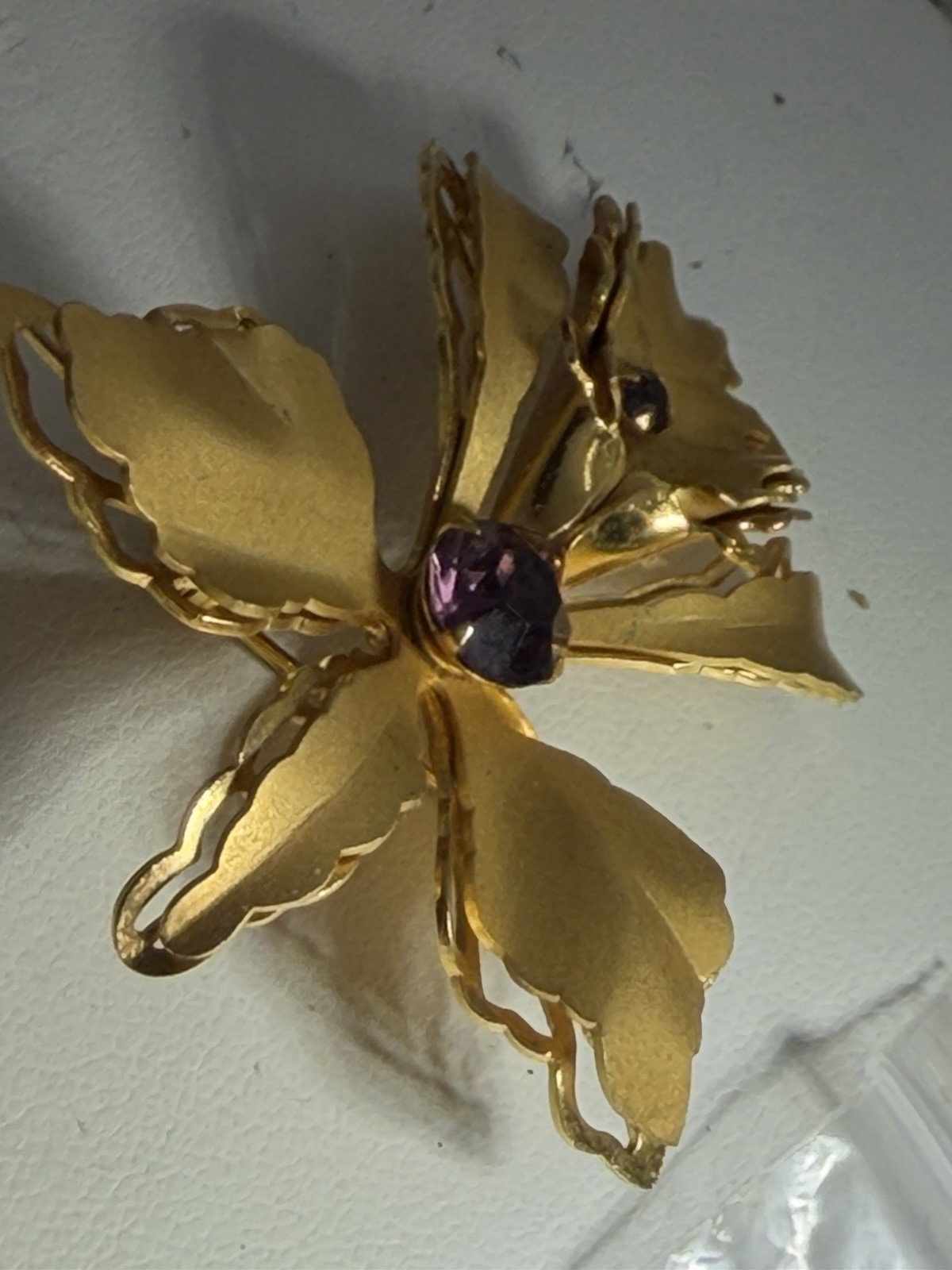 Vintage 3D Orchid Flower Pin Brooch Purple Rhinestones
