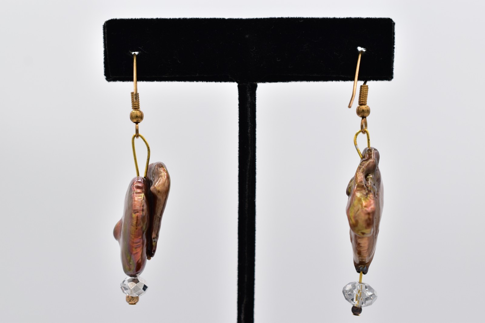 Vintage Baroque Pearl Dangle Earrings Iridescent Copper Freshwater Drop BinBK